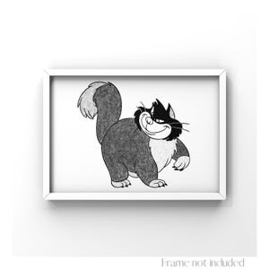 Lucifer Cat Print Cinderella Drawing Tremaine family's Walt Disney Illustration Animal Anime Vintage Poster Art Minimalist Black and White