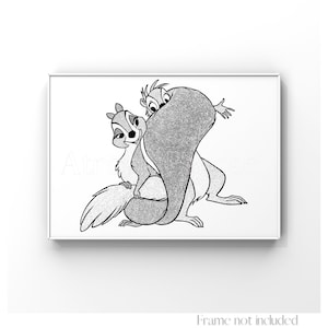 Stampa artistica con ragazza scoiattolo e Arthur, illustrazione di La spada nella roccia, disegno di Walt Disney, poster vintage di animali