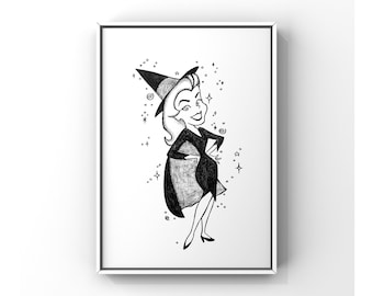 Bewitched Elizabeth Montgomery Samantha Stephens Portrait Illustration Print Wall Decor Witch Poster Vintage Drawing Retro Art 1960