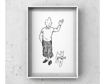 The Adventures of Tintin & Milou Snowy Illustration Print Drawing Vintage Comics Art Sketch Retro Hergé Poster Wal Decor