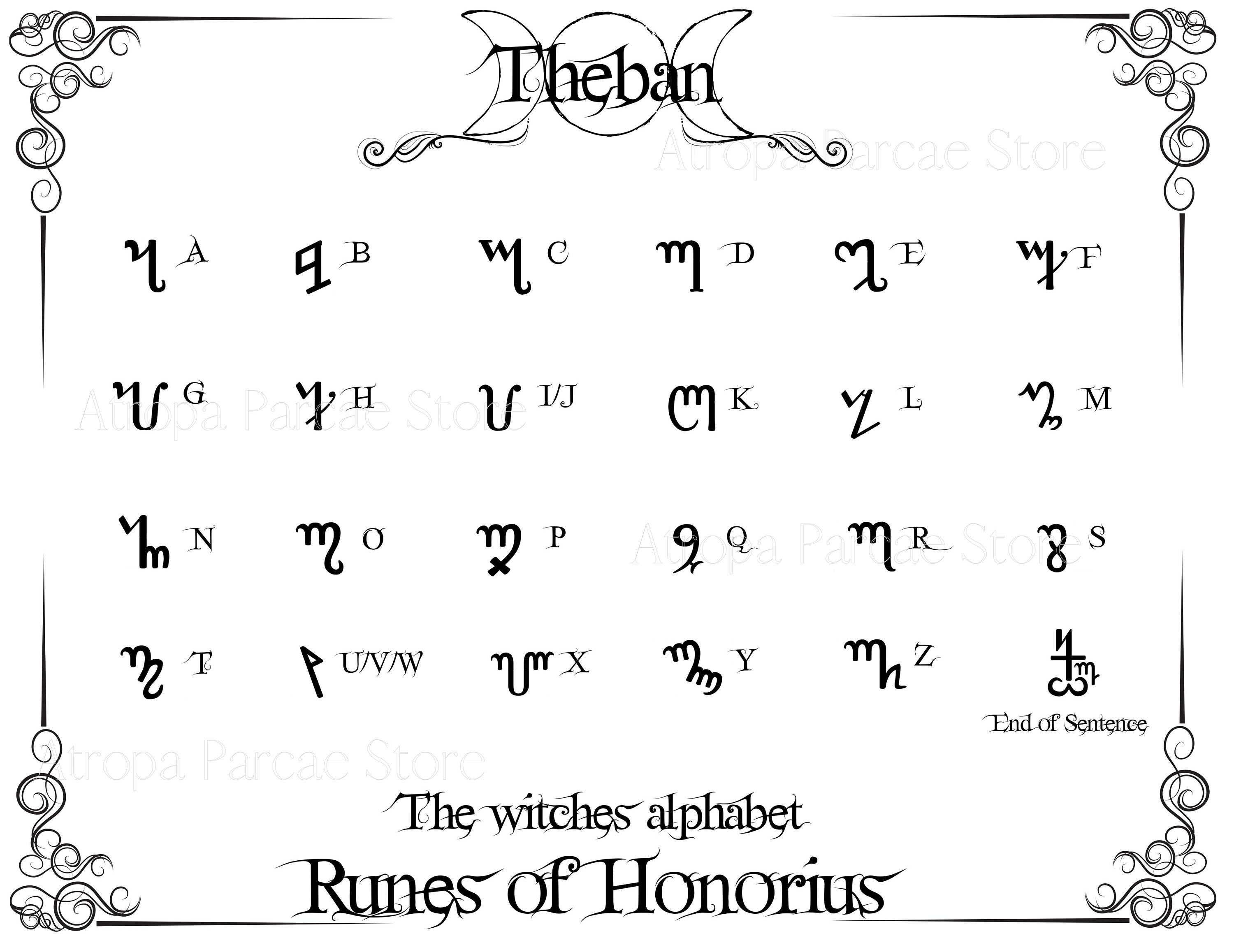 Poster Page WITCHES' ALPHABET THEBAN Pagan Wicca Book of Shadows Guide 8  1/2 x11