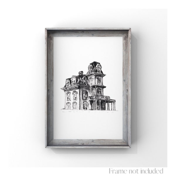 Norman Bates House by the railroad Edward Hopper Illustration Psycho Print Alfred Hitchcock Horror Victorian Architecture Residence Drawing