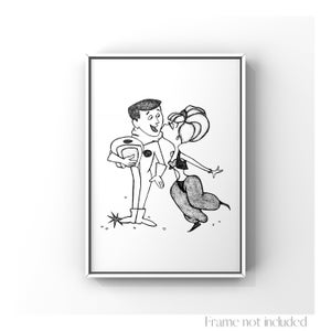 Sueño con Jeannie Major Tony Nelson ilustración Imprimir Dibujo Barbara Eden Larry Hagman Jinny de mis sueños Vintage Pin Up Sketch Retro Art