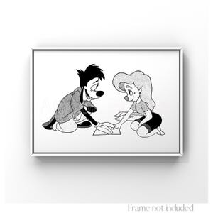 May include: Black and white framed print featuring cartoon characters. A dog-like character and a female character are seated, interacting with a piece of paper. The artwork is in a minimalist style, with a white background and a white frame.