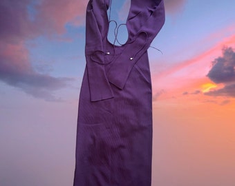 purple dress, house of cb dress, house of cb, maxi dress, backless dress, long sleeve dress