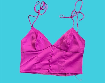 Pink crop top, urban outfitters, bright pink crop top, tie up, spaghetti straps, summer