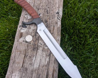 Hand forged Bowie Knife, Fullered, Spring Steel with Leather Wrap Handle and Leather Sheath