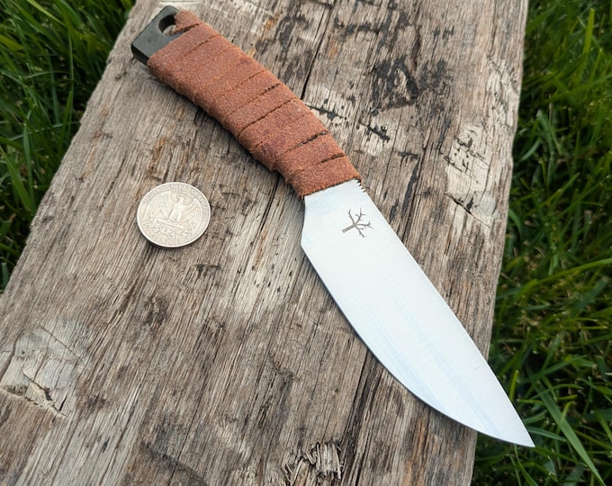 Drop Point Knife, Hand Forged, Spring Steel and Leather Wrap