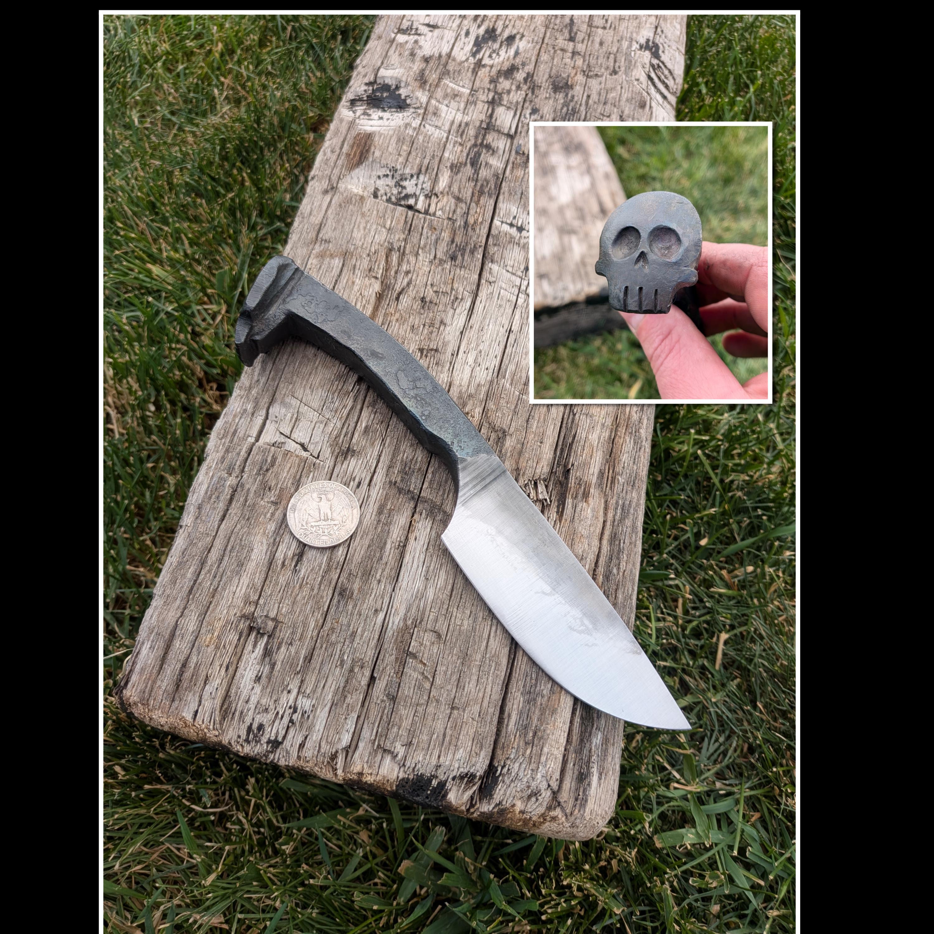 グレンモルト刃 Q END ヘルボロフ Hand Forged Skull Pommel Railroad Spike Knife, Drop Point, HC