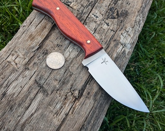 Handmade Drop Point Knife, Padauk Handle, 15N20 steel, Leather Sheath.