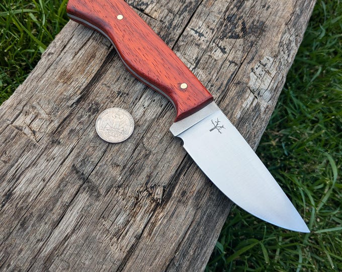 Handmade Drop Point Knife, Padauk Handle, 15N20 steel, Leather Sheath.