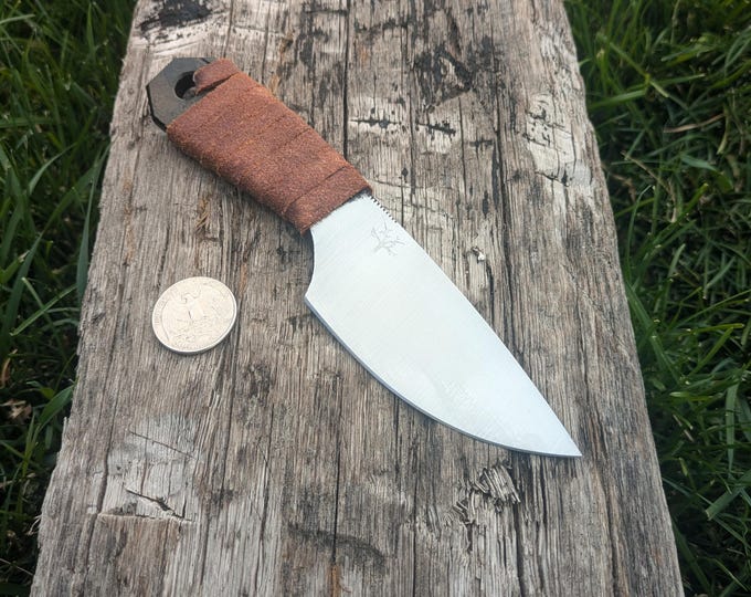 Hand Forged Drop Point Knife, Spring Steel, 7", Leather Sheath, Leather Wrap