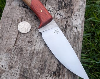 Handmade 15n20 Steel Knife, Walnut and Padauk Handle, Leather Sheath