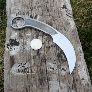 May include: A silver-colored karambit knife with a curved blade and a finger ring. The knife is placed on a weathered wooden surface next to a coin. The blade has a sharp edge and a small marking.