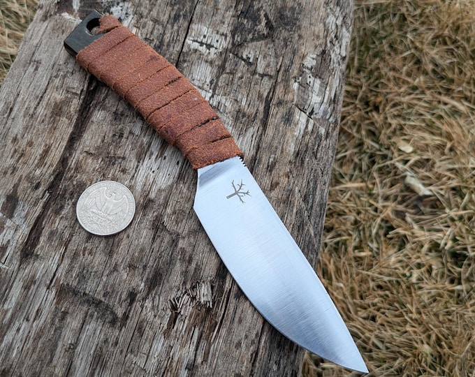 Drop Point Knife, Hand Forged, Spring Steel and Leather Wrap