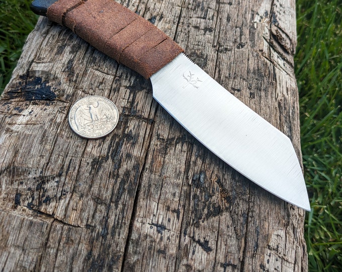 Hand Forged Wharncliffe Blade Knife, Spring Steel, Leather Wrap Handle, leather sheath.