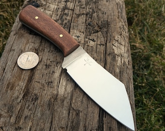 Handmade 1095 Wharncliffe knife, Walnut Handle and Leather Sheath.