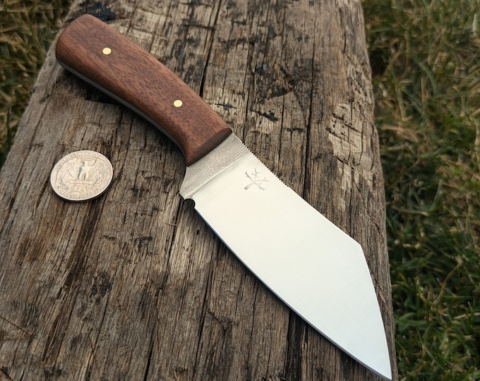 Handmade 1095 Wharncliffe knife, Walnut Handle and Leather Sheath.
