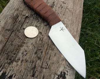 Hand Forged Wharncliffe Blade Knife, Spring Steel, Leather Wrap Handle, leather sheath.