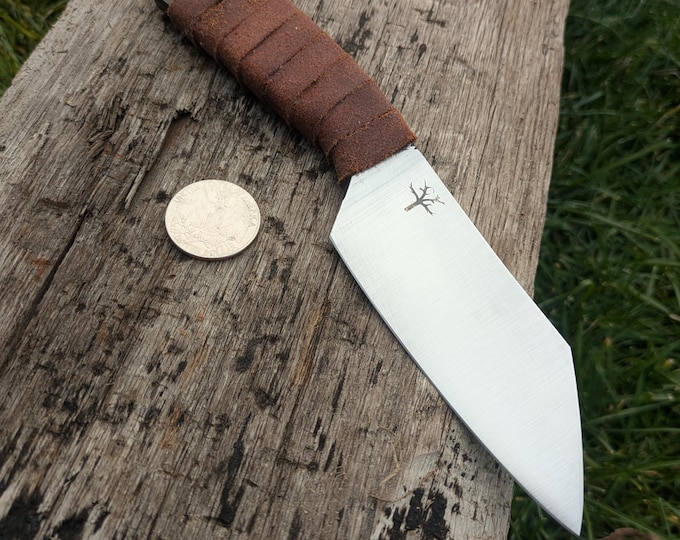 Hand Forged Wharncliffe Blade Knife, Spring Steel, Leather Wrap Handle, leather sheath.