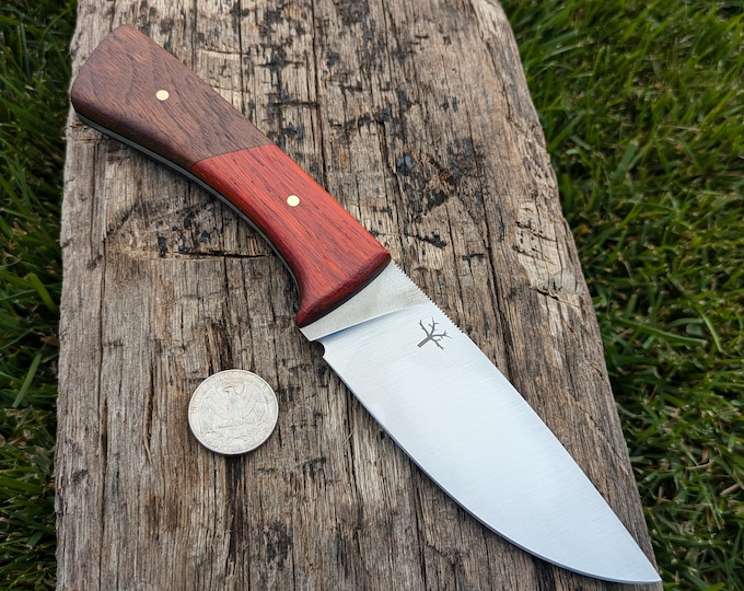 Handmade 1095 Steel Knife, Walnut and Padauk Handle, Leather Sheath