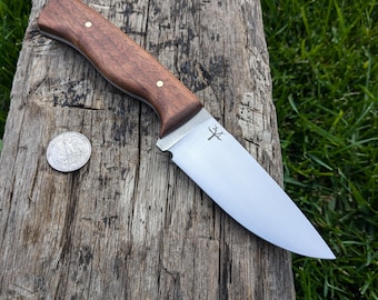 Handmade 1095 drop point knife, Walnut Handle and Leather Sheath.