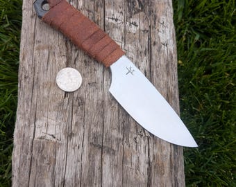 Drop Point Knife, Hand Forged, Spring Steel and Leather Wrap