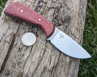 Handmade Drop Point Knife: Purple Heart Wood Handle, 15n20 Steel, Leather Sheath