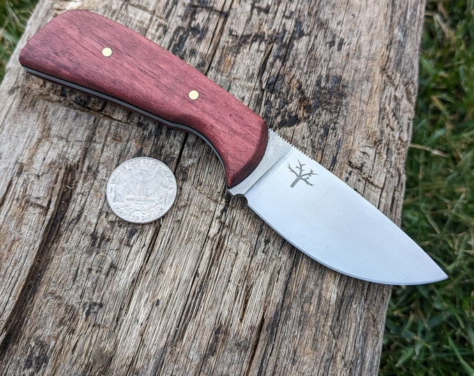 Handmade Drop Point Knife: Purple Heart Wood Handle, 15n20 Steel, Leather Sheath