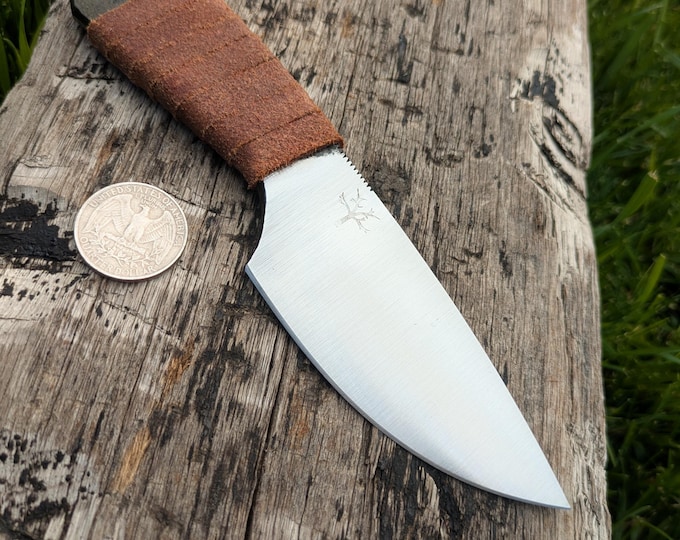 Hand Forged Drop Point Knife, Spring Steel, 7", Leather Sheath, Leather Wrap