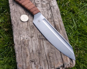 Hand Forged Wharncliffe Blade Knife, Fullered, Spring Steel and Leather Wrap Handle