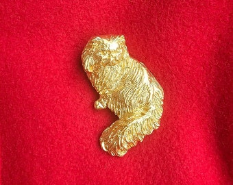 Persian cat brooch,  Gold plated Persian cat vintage brooch,  Gold plated Persian cat pin, Gold plated cat