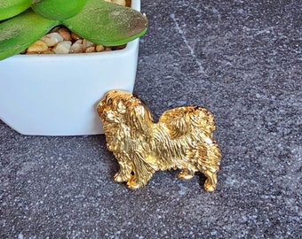 24k Yellow Gold Plated TIBETAN SPANIEL BROOCH Dog In Static And Movement Finishes-Dog Brooch For Jacket And Scarf-Gift For Spaniel Lovers