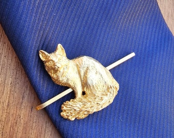 Vintage Gold Plated Somali Cat Tie Clip, Unique Feline Accessory, Samoli Keychain, Cat lovers gift