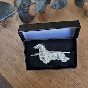 Long Hair DACHSHUND TIE CLIP For Men – Pewter Dog Tie Bar, Wedding AndGroomsmen Gift, Stylish Animal Tie Accessory For Dog Lovers