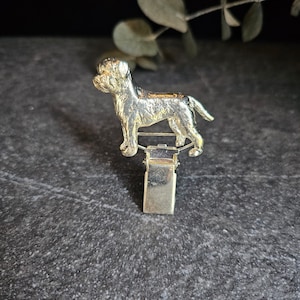 Op de afbeelding: Een gouden metalen clip met een gedetailleerd miniatuurbeeldje van een ruwharige terriër.