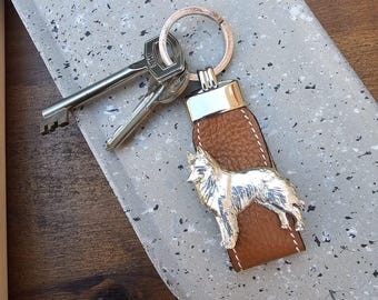 Unique BELGIAN SHEPERD KEYCHAIN Perfect Gift For Dog Breed Lovers With Gift Wrapping - Silver And Gold Plated Pewter Faux Leather Keyring