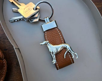 SPANISH GREYHOUND KEYCHAINWith Fax Leather Strap – Silver Plated Dog Breed Keyring – Stylish Pewter Key Accessories – Gift For Dog Lovers