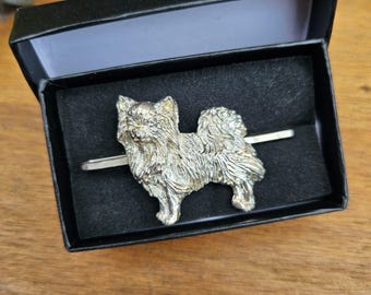 Long Hair CHIHUAHUA TIE CLIP For Dog Lovers – Pewter Dog Breed Tie Bar - Unique Gift For Men, Groomsmen, Dad, Pet Owners - Keeps Tie Secure