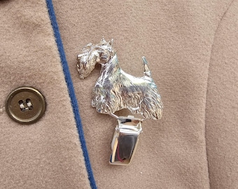 SCOTTISH TERRIER BROOCH Dog Show Clip Number Holder Pewter Gold Silver For Dog Lovers -  Pet Memorial Gift Sweater Clip Jewelry