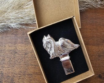 MALTESE NUMBER HOLDER Brooch - Elegant Dog Show Ring Clip, Pewter Pin and Sweater Accessory in 4 Finishes - Gift for Dog Lovers
