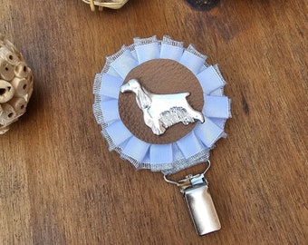 English Cocker number holder, brooch or dog show ring clip, show clip English Cocker, Exhibitor ring number clips, rosettes dog