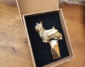 Australian SILKY Terrier NUMBER HOLDER Brooch - Elegant Dog Show Clip In 2 Finishes - Pewter Pin For Pet Lovers, Exhibitor, And Enthusiasts