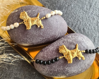 Cairn Terrier Bracelet with Gold Plated Charm and Onix Beads - Stylish Dog Lover Jewelry