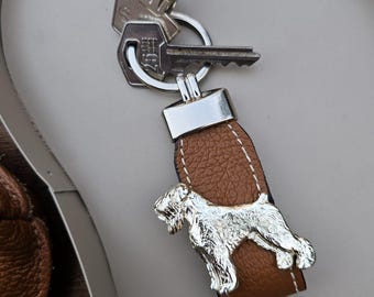 RUSSIANTERRIER Dog KEYCHAIN with leather strap – Silver Plated Pewter Dog Breed KeyringIn 2 Finishes – Gift For RUSSIAN Terrier Lover