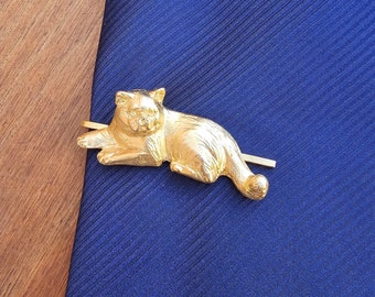 Vintage Exotic Cat Tie Clip, Gold Plated Mens Accessory, Unique Feline Jewelry