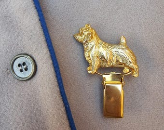 NORWICH TERRIER Dog Show Number Holder BROOCH – Gold Plated Pet Memorial Pin - Sweater Clip Gift For Norwich Terrier Lovers In Two Finishes