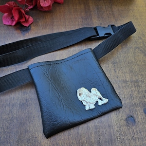 Puede incluir: Porta bolsas de residuos para perros de cuero negro con un dije de plata en forma de silueta de perro. El porta bolsas está unido a una correa elástica negra.