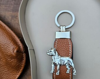 American STAFFORDSHIRE TERRIER KEYCHAINIn 2 Finishes – Silver Plated Pewter Key Accessory – Dog Breed Keyring With Fax Leather Strap