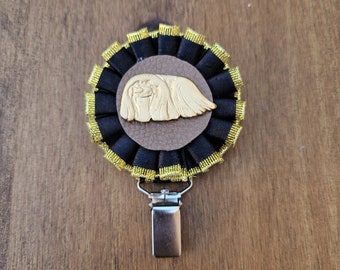 Pekingese number holder, brooch or dog show ring clip, show clip Pekingese, Exhibitor ring number clips, rosettes dog